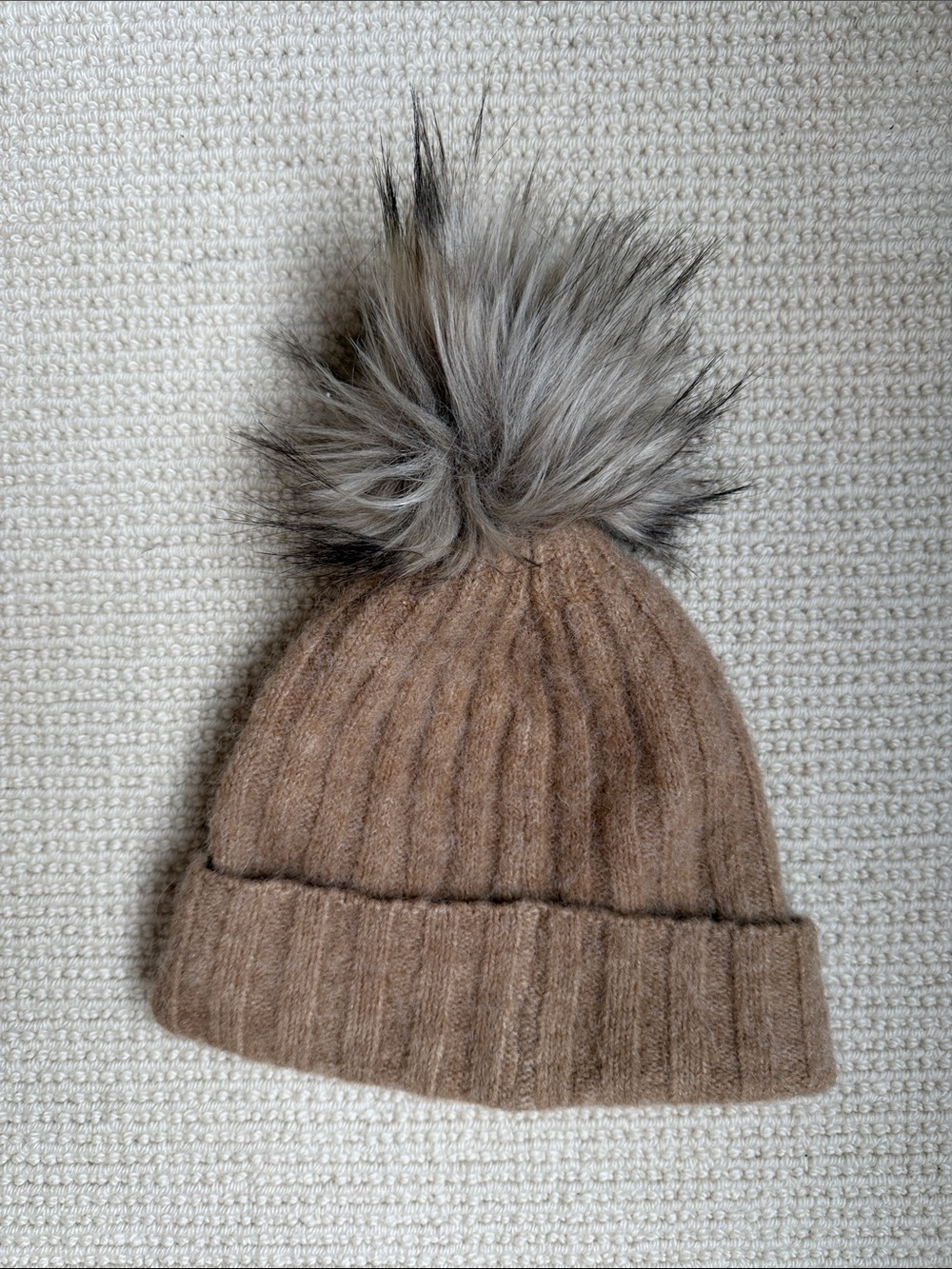 Aritzia Taupe Knit Beanie with Gray Faux Fur Pom